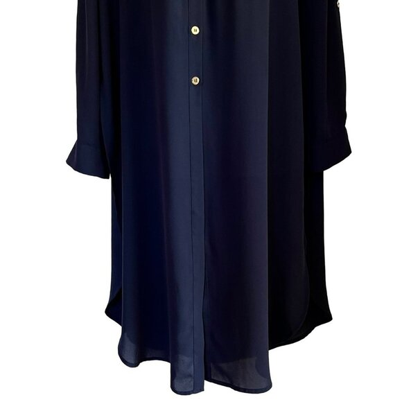 CHICOS SIZE 1 8/10 SEMI-SHEER NAVY BLUE OPEN SIDED TUNIC BLOUSE - Picture 2 of 10